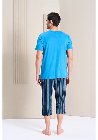 Over Sleep By Poleren Erkek Pijama Takımı Kapri & Bermuda Kısa Kol Mavi