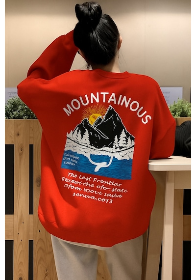 Benroma 3 İplik Penye Mountainous Baskılı Sweatshirt Kırmızı