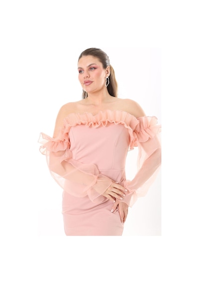 Şans Kadın Büyük Beden Somon Yaka Ve Kolları Organze Elbise 65n37740-somon Somon