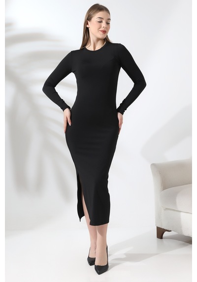 Gugus Trend Kadın Siyah Hailey Uzun Kollu Maxi Elbise Yırtmaçlı Model Ssiyah