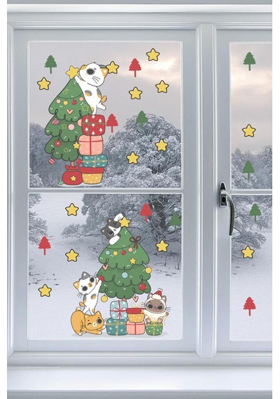 Pencere Süsleyen Sevimli Kediler Yılbaşı Pencere Sticker