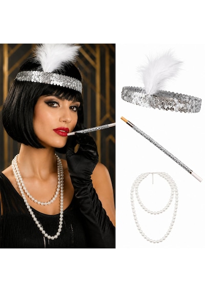 1920&apos Ler Gatsby Gümüş Parti Seti - Çarliston Saç Bandı, İnci Kolye Ve Sigara Tutacağı Çok Renkli
