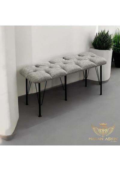 By Hakan Aşkın Metal 5 Ayaklı Keten Kumaş Puf & Bench Gri 2024 Keten Gri