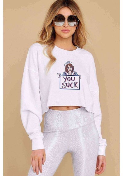 Stranger Things You Suck Baskılı Crop Kadın Beyaz Sweatshirt