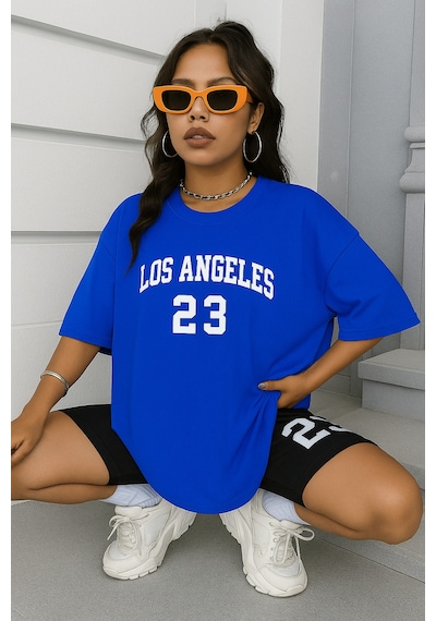 Los Angeles Baskılı Oversize Unisex Tişört Saks Mavisi