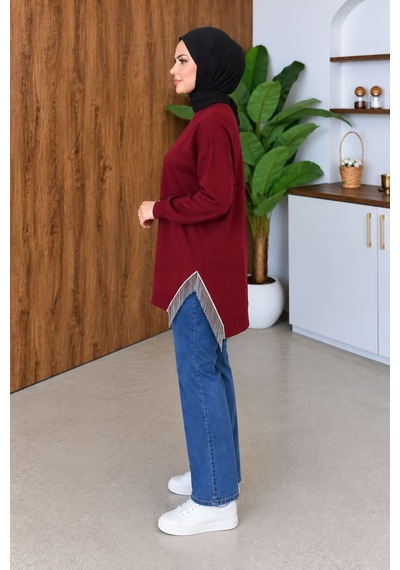 Aymiraa Kadın Püskül Detaylı Rahat Kalıp Tesettür Sweatshirt Tunik Bordo Bordo