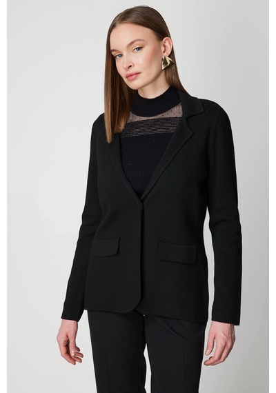 On Fashion Kadın Düğmeli Ceket Yaka Triko Siyah Hırka 63926 Siyah