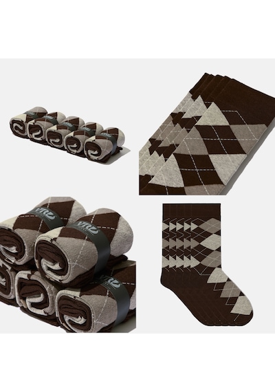 Dikişsiz Bambu Çorap Baklava Desenli Kahve Renk Erkek Çorap Kutulu 5 Çift Premium Uzun Çorap Soket Çorap Bambu Mix Kahverengi
