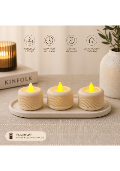 3 Lü Led Mum Seti Tealight Pilli Dekoratif Mumluk Tablalı Gerçekçi Işık Efekti Beyaz