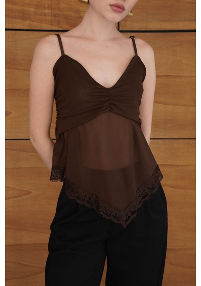 Verymoda D 2979 Askılı Dantel Detaylı Tül Bluz - D2979 Kahve