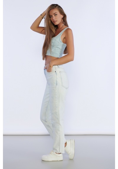 Buz Mavi Yüksek Bel Kesik Paça Detaylı Mom Jeans-buz Mavisi Buz Mavi
