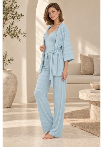 Loule Kadın Su Yeşili Çizgili Pamuk Sabahlıklı Pijama Takımı