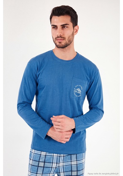 Buratti Ekoseli Pamuklu Bisiklet Yaka Pijama Takımı Erkek Pijama Takımı 6575007 Mavi