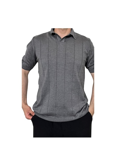 Erkek Çizgili Kısa Kollu Triko T-shirt Füme