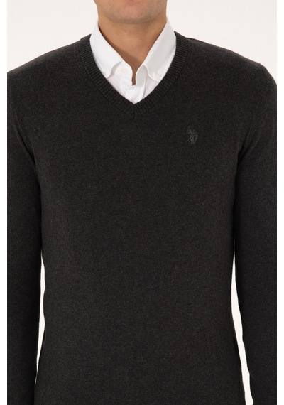 U.S. Polo Assn. Erkek Slim Fit V Yaka Antrasit  Melanj Basic Triko Kazak 50313662-VR081
