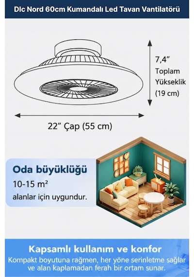 Dlc Nord 60cm Kumandalı Led Tavan Vantilatörü Beyaz