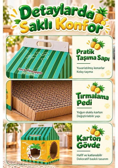 Ananas Desenli Karton Kedi Evi Katlanabilir Süt Kutusu Tasarımı, Tırmalama Pedi Hediyeli Sempatik