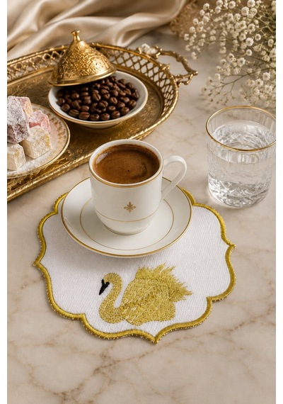 Gold Nakış İşlemeli 6'lı Kahve Yanı Sunum Peçetesi Çeyizlik Kahve Altı Sunum Peçetesi Pevluna Gümüş