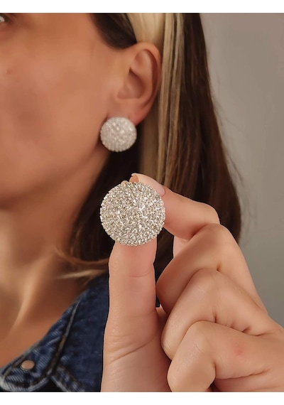 Yuvarlak Model Abiye Gümüş Renkli Küpe Silver