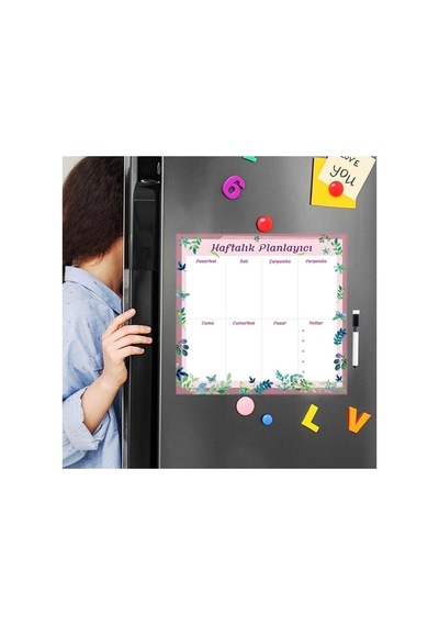 Dünya Magnet Floral Haftalık Magnet Planlayıcı, Mıknatıslı Silinebilir Yazı Tahtası Pano + 3 Kalem Genel