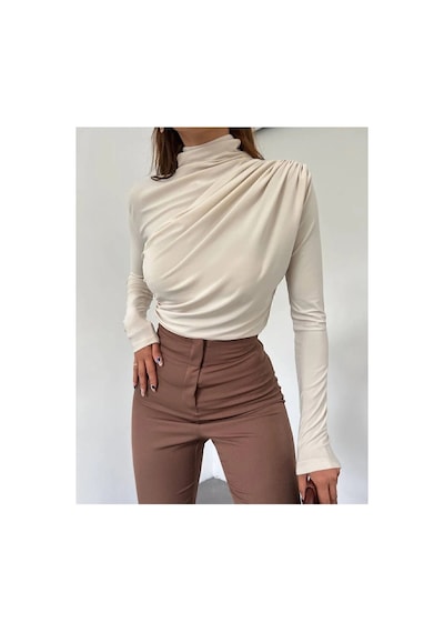 Unika Boutique Kadın Kahverengi Dik Yaka Omuz Ve Bel Büzgülü Uzun Kollu Bluz Bej
