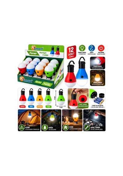 12 Adet Pilli Fener - Ampul Renkli Askılı K-0285 5705 Çok renkli