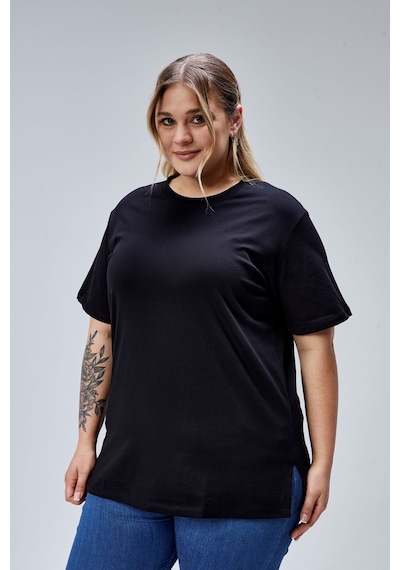 Banega Curve Büyük Beden Siyah Boyfriend Bisiklet Yaka Yırtmaçlı Pamuk Örme T-shirt Siyah