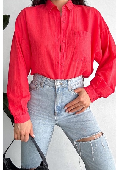 Femelle Kadın Nar Çiçeği Düşük Omuz Tek Cep Basic Oversize Geniş Kalıp Gömlek