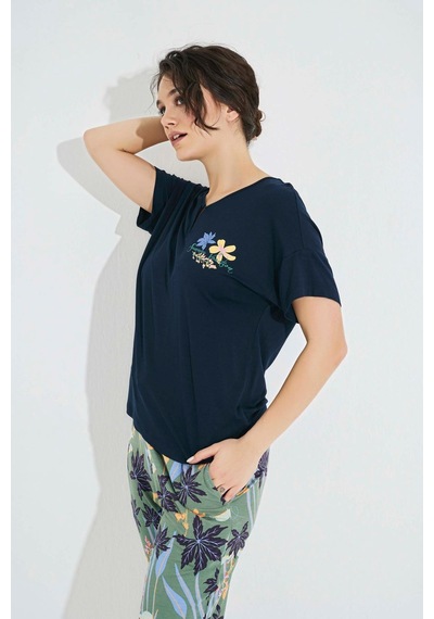 Monamise Kadın Çiçek Ve Yaprak Baskılı "summer Vocation" Pijama Takımı 23098 Lacivert