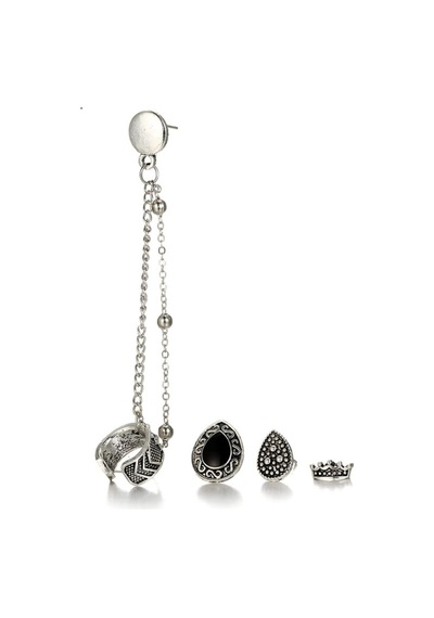Lunarie Gümüş Kaplama Siyah Taşlı Vintage Ear Cuff Seti Küpe