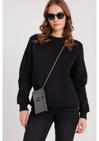 Tudors Kadın Oversize Geniş Kesim Pamuklu 3 İplik İçi Polarlı Basic Siyah Bisiklet Yaka Sweatshirt-37917 SiYAH