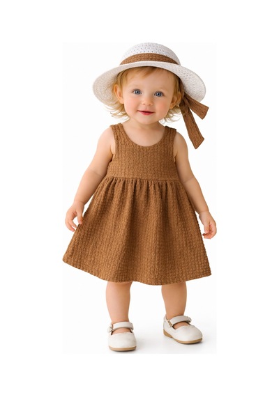 Chicsy Baby Tatlı Kız Bebek Tarz Elbise Şapkalı Fiyonk Detaylı Yazlık 2 Li Kombin Kahverengi