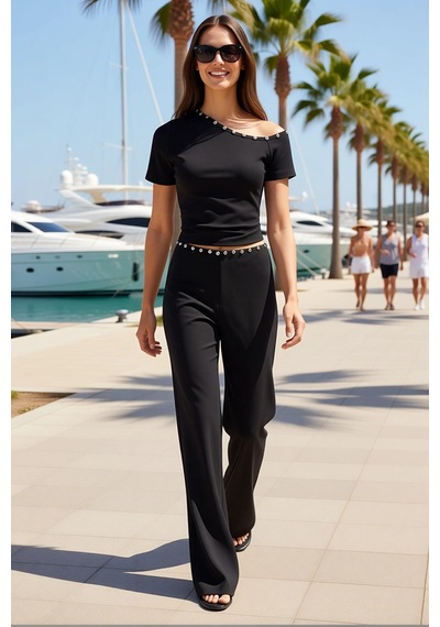 Benerly Kadın Kısa Kollu Crop Top Sedef Düğmeli Asimetrik Yaka Ribana Örm siyah