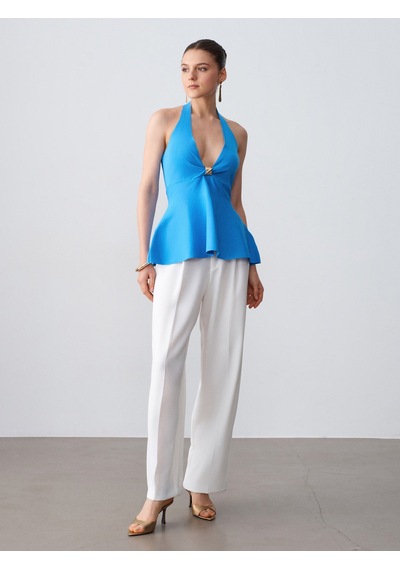 Dilvin 10787 Halter Yaka Peplum Triko Bluz-turkuaz
