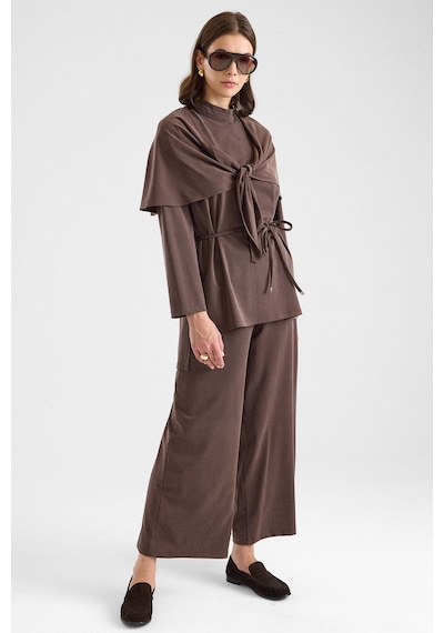Olcay Şal Aksesuarlı Premium Kumaş Tunik Pantolon Kahve 9470-tk