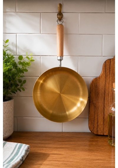18.5cm Gold Tava Küçük - Japon Stil Gold Wok Tava - Tam Yuvarlak Tava - 304 Paslanmaz Çelik Profesyonel Ahşap Saplı