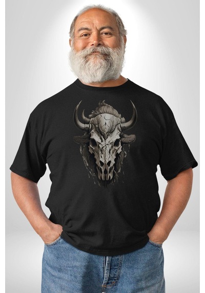 Bizon İnek Kafatası Kurumuş Unisex Unisex Siyah Organik Baskılı T-shirt Penye Yüksek Kalite Siyah