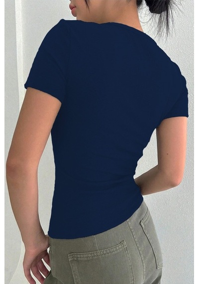 Rooted Kadın Kare Yaka T-shirt & Bluz , Likralı Fitilli Kaşkorse Kumaş Lacivert