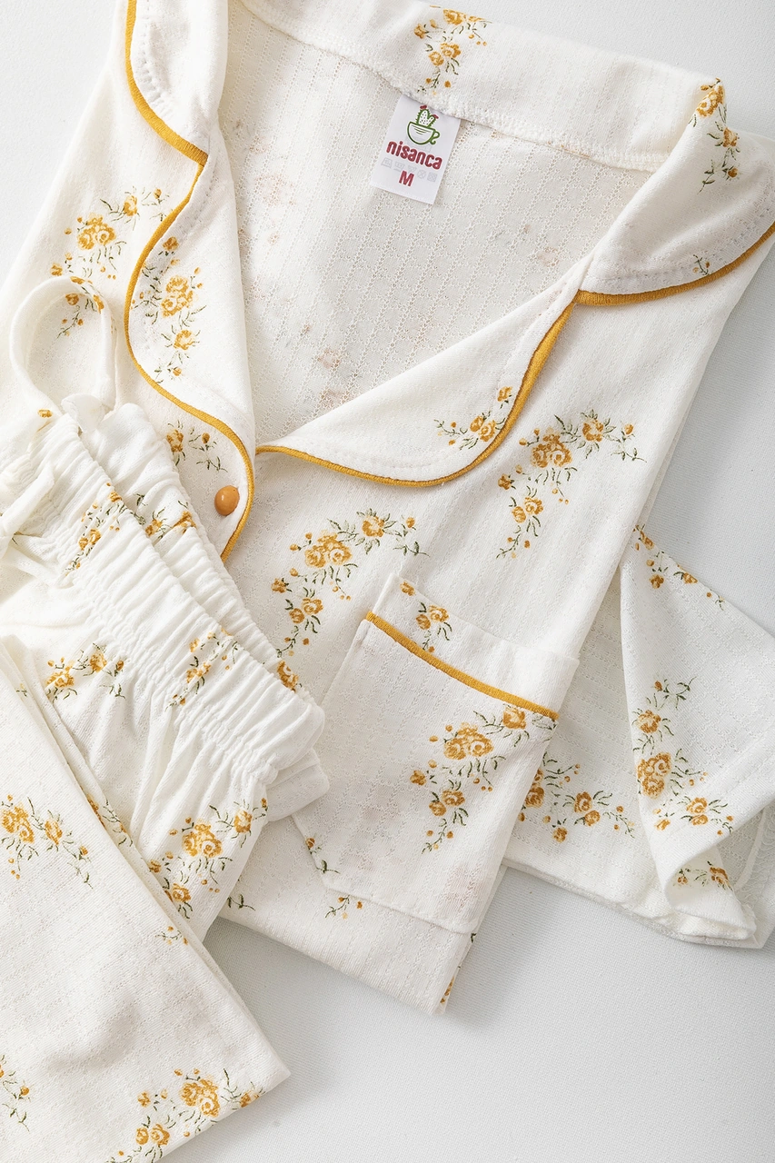 Nisanca Uzun Kol Gömlek Yaka Kadın Büyük Beden Pinterest Pijama Takımı - Mevsimlik Kadın Pijama Hardal