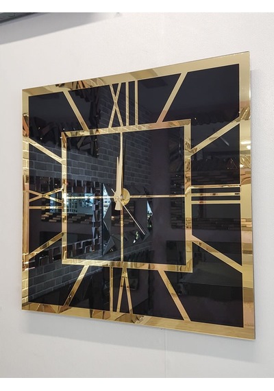 Ayna Denizi Golden Quare Black Model Altın Siyah Renk 60 CM x 60 CM Dekoratif Aynalı Duvar Saati Siyah