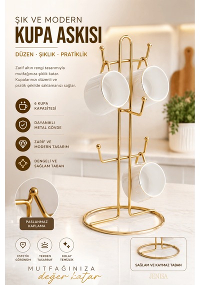 Metal Kupa Askılığı 6 Lı Gold Fincan Standı, Tezgah Üstü Bardak Tutucu Sunumluk Altın