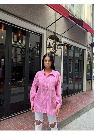 WeShaya Pembe Çizgili Oversize Düğmeli Gömlek Pembe