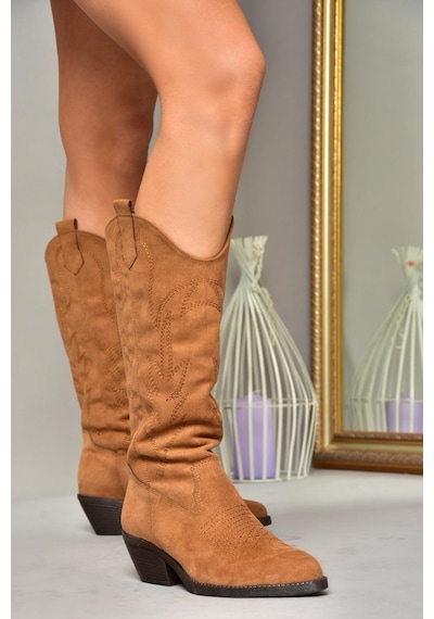 Fox Shoes T404401202 Taba Süet Kovboy Model Kadın Çizme Taba-Süet