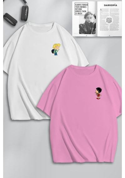 Unisex Kadın Erkek Ve Chen Baskılı Sevgili Çift Kombini Tasarım Oversize Tshirt 2'li Pembebeyaz Mck0193 Çok Renkli
