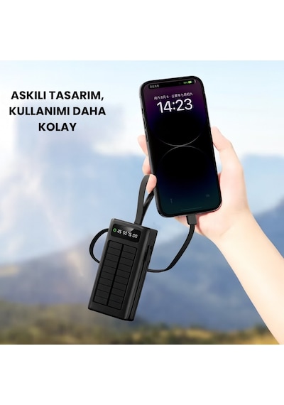 30000 Mah Solar Powerbank Güneş Enerjili Taşınabilir Şarj Cihazı 22.5w Hızlı Şarj Dahili Kablolu Çoklu Çıkış Dijital Ekran Siyah - Siyah
