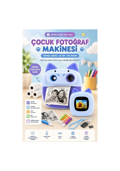 Robeve Anında Termal Baskılı 20 Mp 2.0 Hd Ekranlı Type-c Şarjlı Çocuk Fotoğraf Makinesi