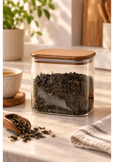 Atbyhome Akasya Ahşap Vakum Kapaklı Dikdörtgen Cam Kavanoz 650 Ml - Çay Kahve Ve Baharat Saklama Kabı Diğer
