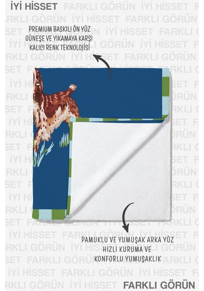 Köpek Figürlü Lacivert Plaj Havlusu - Marine Modern Çerçeveli Hızlı Kuruyan Mikrofiber Havlu Yağmur Armut