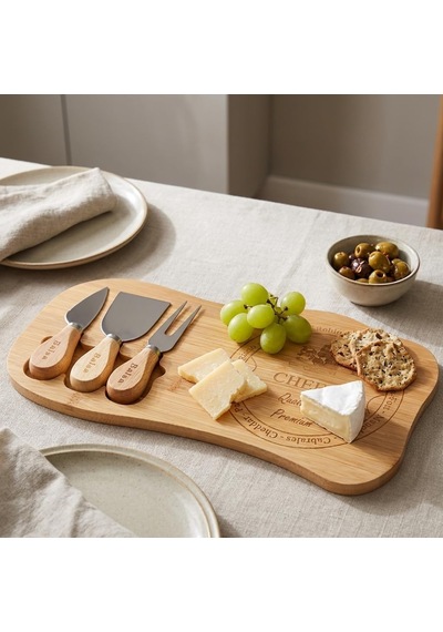 Peynir Sunum Seti 4 Parça, Bambu Servis Tahtası Ve 3 Parça Peynir Bıçağı Seti, Peynir Tabağı, Kahvaltı, Meze, Şarküteri Ve İkramlık Sunum Tahtası, 33 X 17,5 X 1,2 Cm