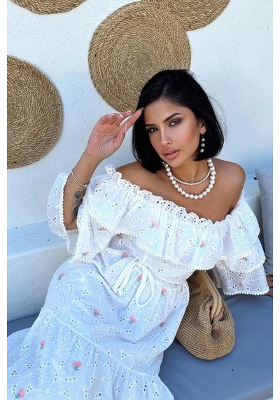 Defymoda Pembe Omuzları Lastikli Brode Elbise Pembe